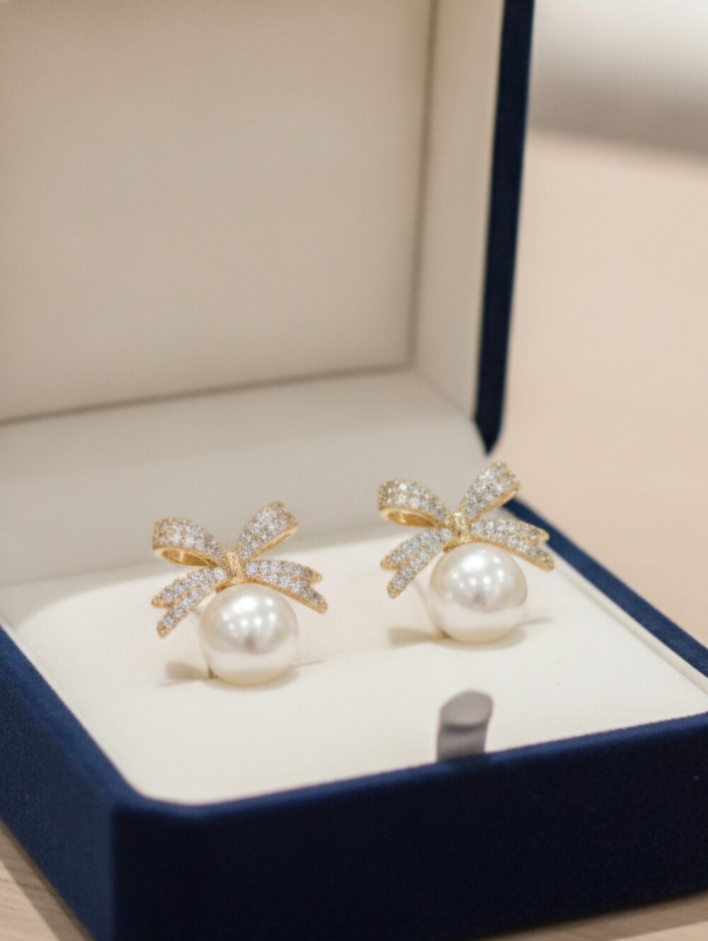 14K Gold Pearl Bow Earrings
